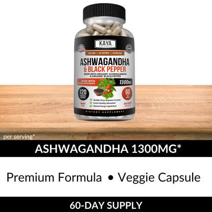 Kaya Naturals Ashwagandha 1300mg, 120 Count Capsules for Stress Relief, Adrenal, Mood & Thyroid Support, Black Pepper and 100% Pure Ashwagandha -120 Capsules Kaya NaturalsBuy Supplements Australia