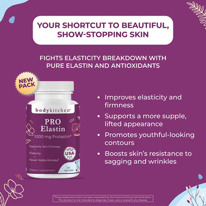 Body Kitchen Pro-Elastin, 1000 mg Elastin Supplement, Help Reduce Signs of Aging, Improved Skin Health, Firmness & Elasticity, Fewer Wrinkles, Veggie Caps, (Pack of 2) Body Kitchen buy supplements Au
