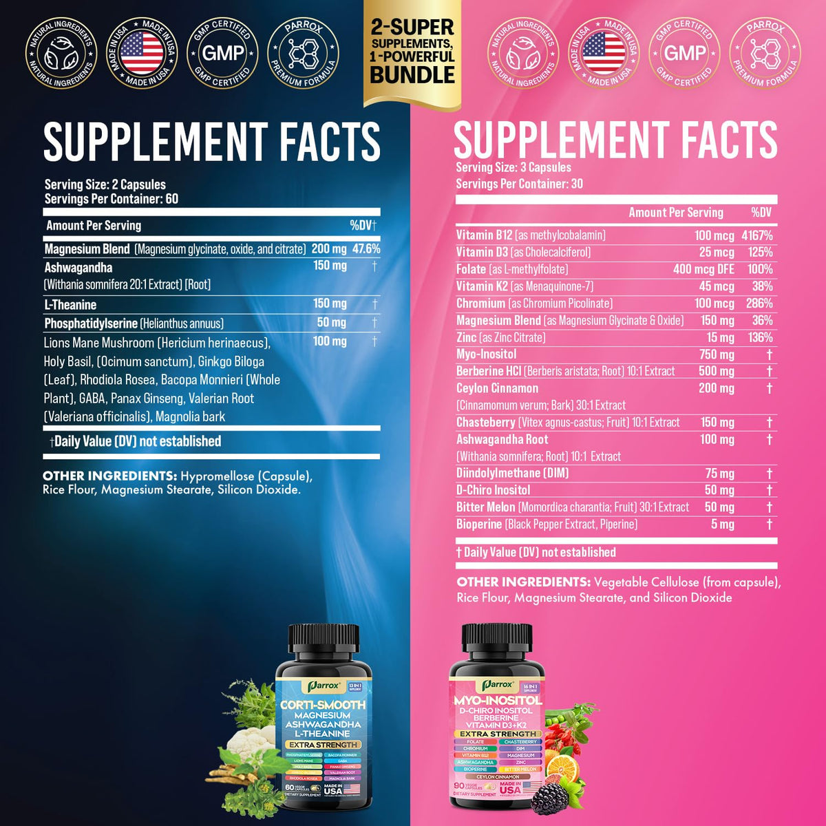 Parrox Cortisol & Myo-Inositol Supplement Bundle, Soothe & Smooth Bundle, 13-in-1 Cortisol Balance, Magnesium, Ashwagandha, L-Theanine, D-Chiro Inositol, Folate, Berberine, Chasteberry (150 Capsules) ParroxBuy Supplements Australia