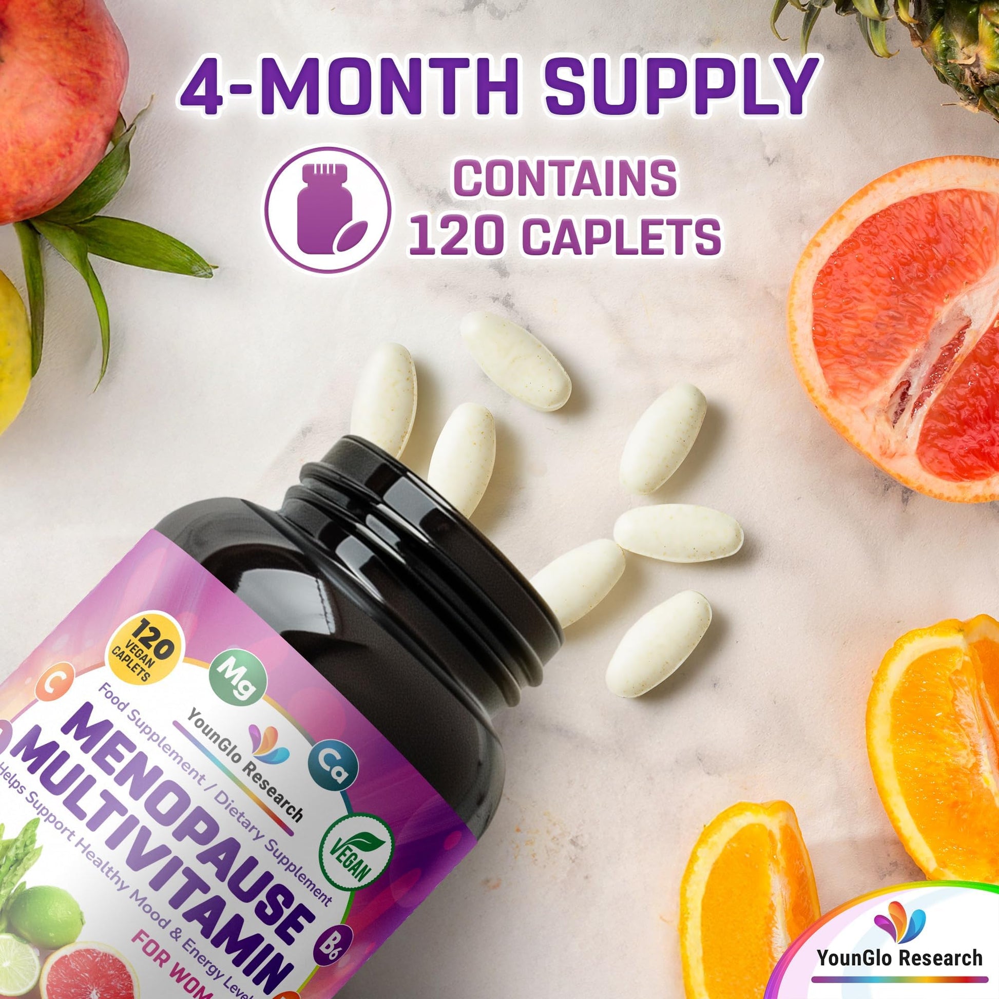 YounGlo Research Menopause Supplement - 120 Vegan Caplets - Menopause & Perimenopause Relief Support - Food and Dietary Vitamins - Multivitamin for Women YounGlo ResearchBuy Supplements Australia