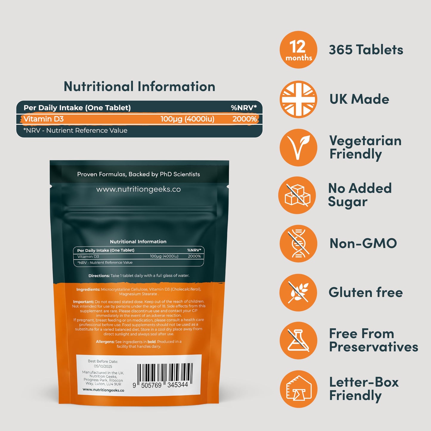 Vegetarian Vitamin D3 4000 iu - 1 Year Supply, 365 Easy-Swallow High Strength Vitamin Nutrition GeeksBuy Supplements Australia