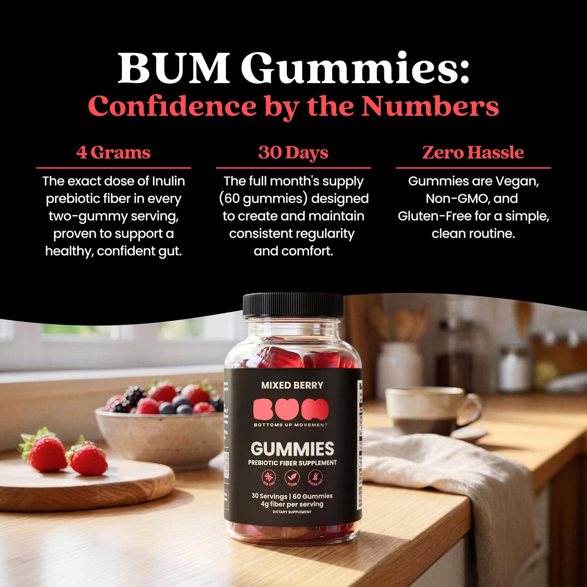 Bum Prebiotic Fiber Supplement for Men - Chicory Root Inulin Prebiotic Fiber Gummies for Men for Peachy Digestive Health, Regularity & Boating Relief