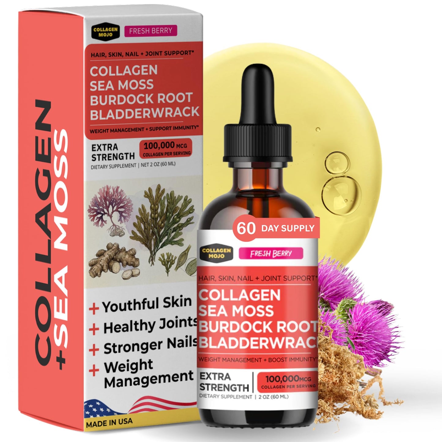 Collagen Mojo - Liquid Collagen with Irish Sea Moss for Women & Men - Collagen Peptides Drops with Burdock Root & Bladderwrack - Hair, Skin, Nails, Joint & Weight Management - 100,000mcg, 2 Oz Collagen Mojo buy supplements Au