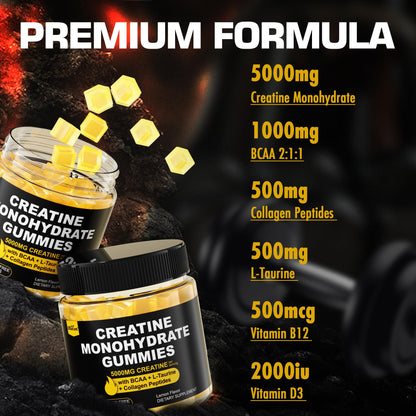 Creatine Monohydrate Gummies for Men & Women - with BCAA, Collagen Peptides, L-Taurine, Vitamin B12, D3, Chewables Creatine Monohydrate 5g Per Serving, Natural Lemon Flavor, Sugar Free, 2 Pack EnvyCureBuy Supplements Australia