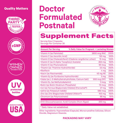 Pink Stork Postnatal Multivitamin + Probiotics with Vegan DHA, Ashwagandha, Iron, Folate, B12 - Supports Hormone Balance, Postpartum Recovery, Gut Health, & Digestion - Pack of 2 Pink StorkBuy Supplements Australia