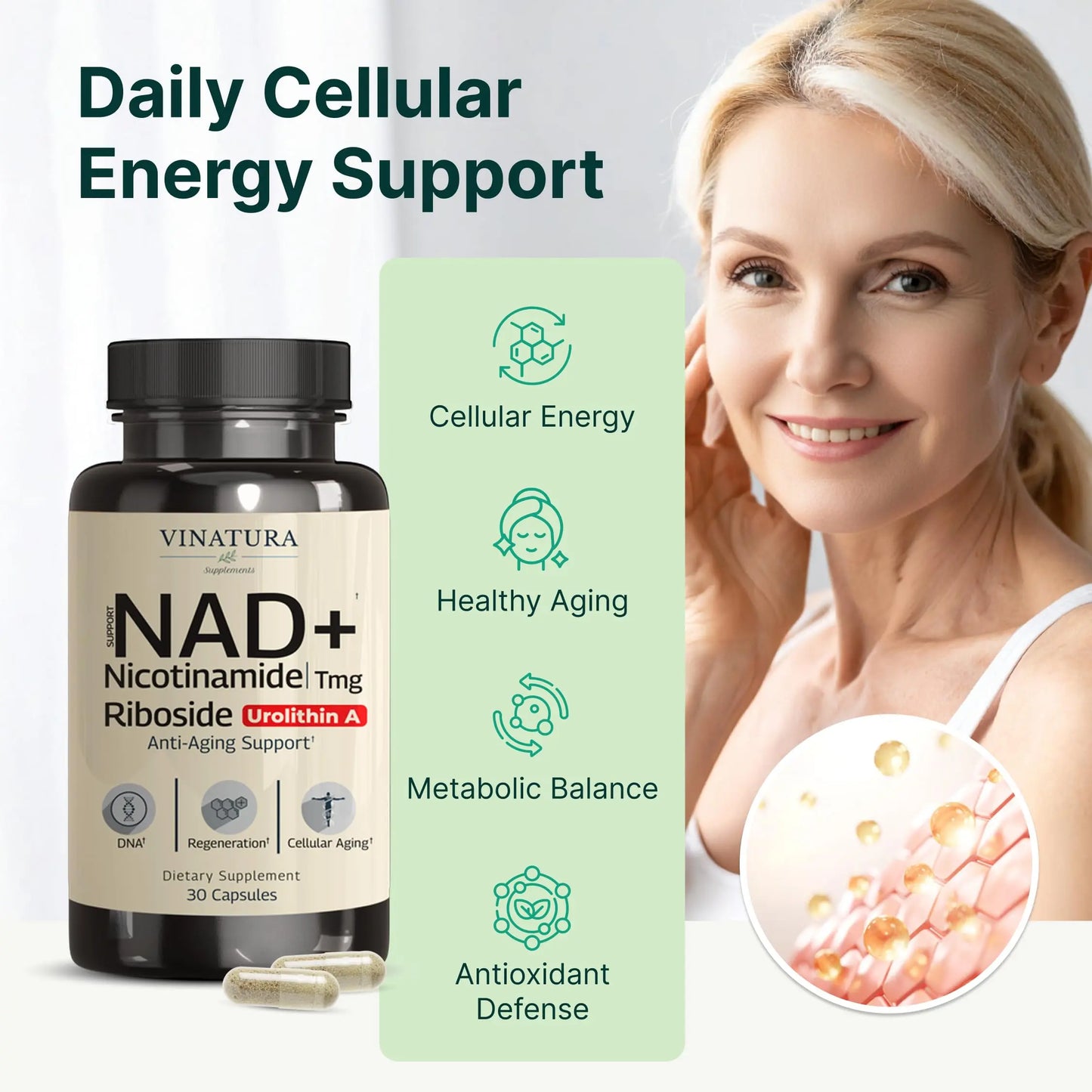 VINATURA NAD Supplement, Nicotinamide Riboside with Resveratrol - Advanced NAD+ Supplement with TMG and Urolithin A, for Women and Men - 30 Vegan Capsules VINATURABuy Supplements Australia