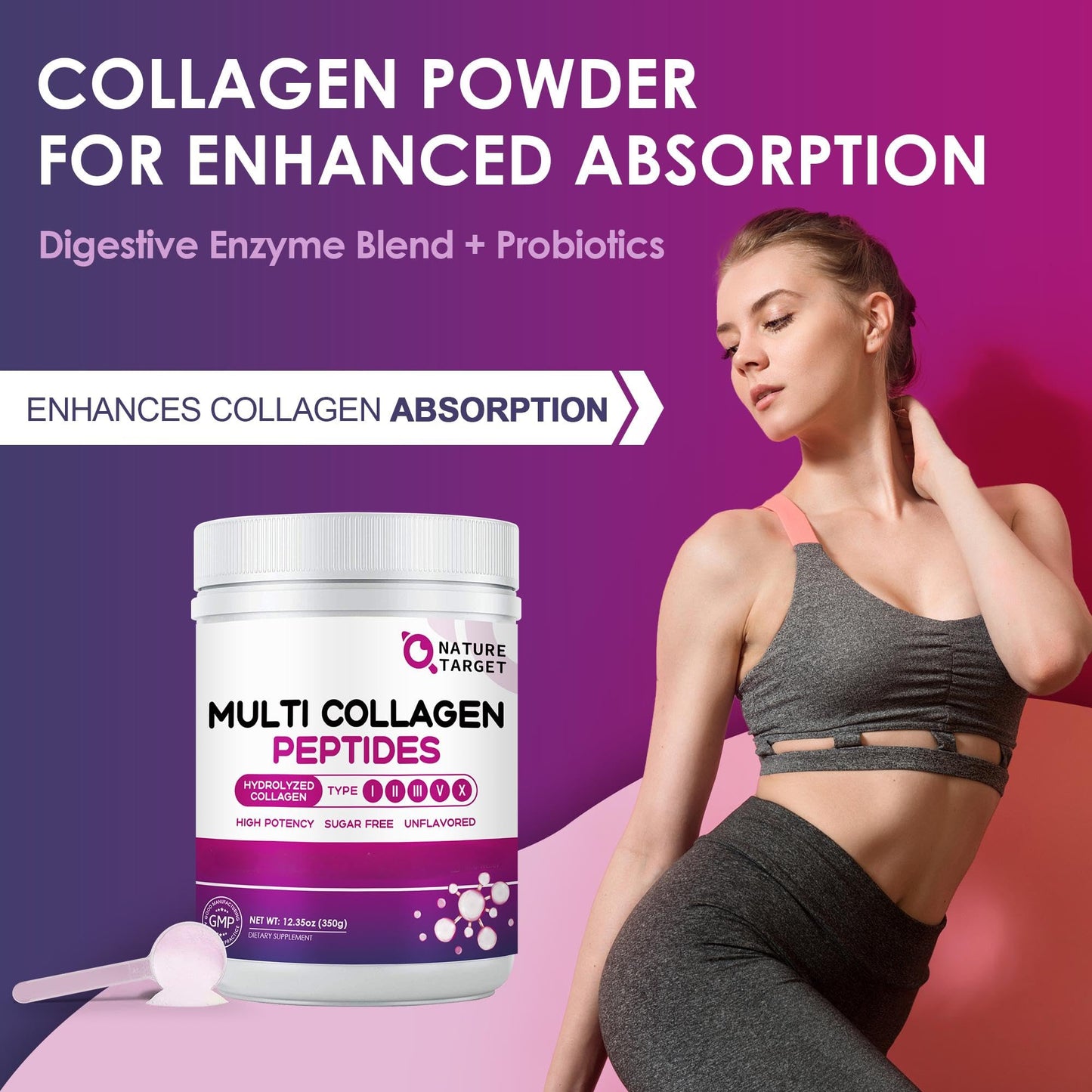 NATURE TARGET Multi Collagen Peptides Powder - Type I, II, III, V, X - Hydrolyzed Collagen Peptides with Vitamin C Hyaluronic Acid, Supports Skin Hair Nail & Joint, Grass-Fed, Non-GMO, 35 Servings NATURE TARGET buy supplements Au