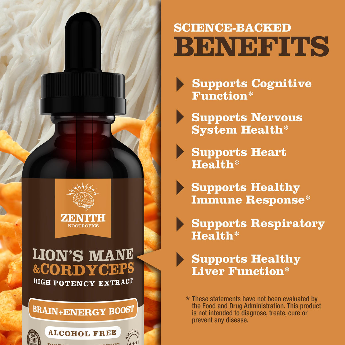 Zenith Nootropics Lion’s Mane & Cordyceps Supplement – Brain & Energy Support – Focus, Memory, Clarity, Immunity – Vegan, Alcohol-Free Tincture – Up-to 2-Month Supply, 2 fl oz Zenith NootropicsBuy Supplements Australia