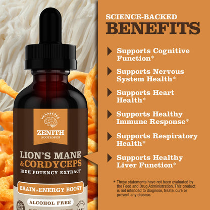Zenith Nootropics Lion’s Mane & Cordyceps Supplement – Brain & Energy Support – Focus, Memory, Clarity, Immunity – Vegan, Alcohol-Free Tincture – Up-to 2-Month Supply, 2 fl oz Zenith NootropicsBuy Supplements Australia