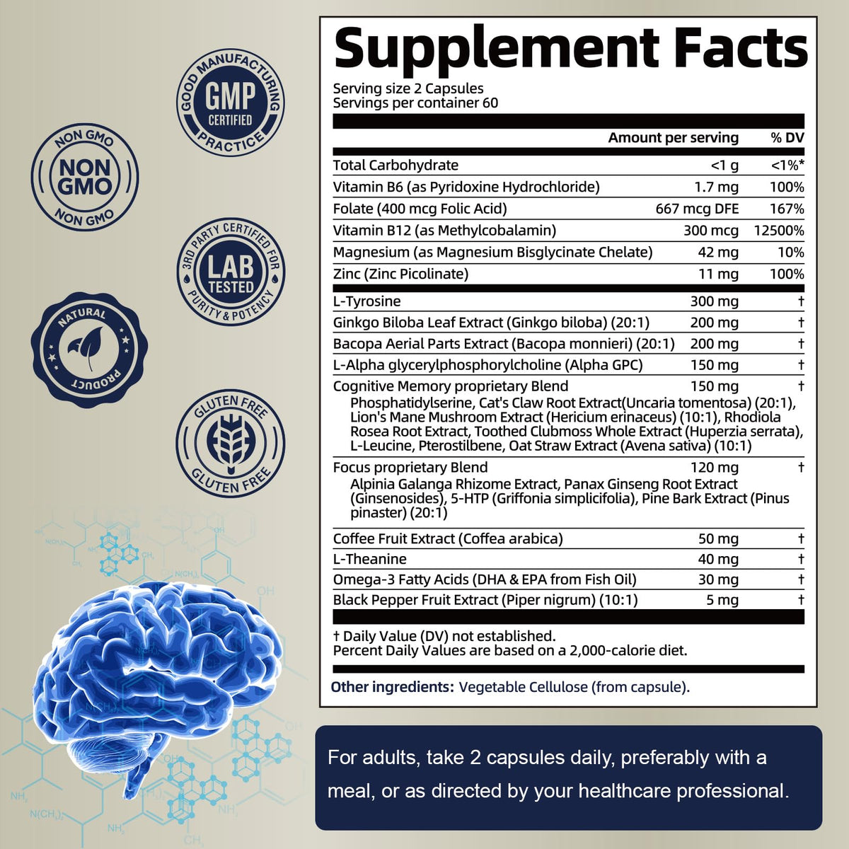 25 in 1 Brain Supplements for Memory and Focus & Neuro Health - Daily Brain Nootropic Cognitive Supplement with L-Tyrosine, Bacopa Monnieri, Ginkgo Biloba, Alpha GPC - Non-GMO, Gluten Free TotariaBuy Supplements Australia
