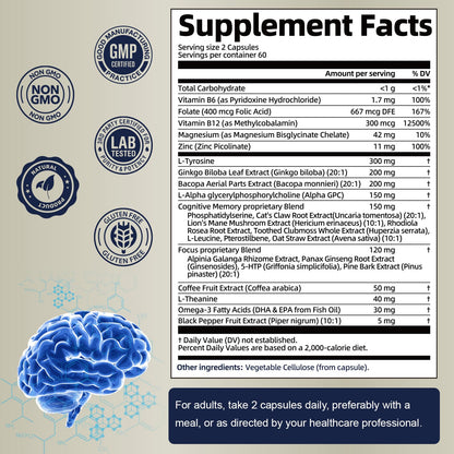 25 in 1 Brain Supplements for Memory and Focus & Neuro Health - Daily Brain Nootropic Cognitive Supplement with L-Tyrosine, Bacopa Monnieri, Ginkgo Biloba, Alpha GPC - Non-GMO, Gluten Free TotariaBuy Supplements Australia