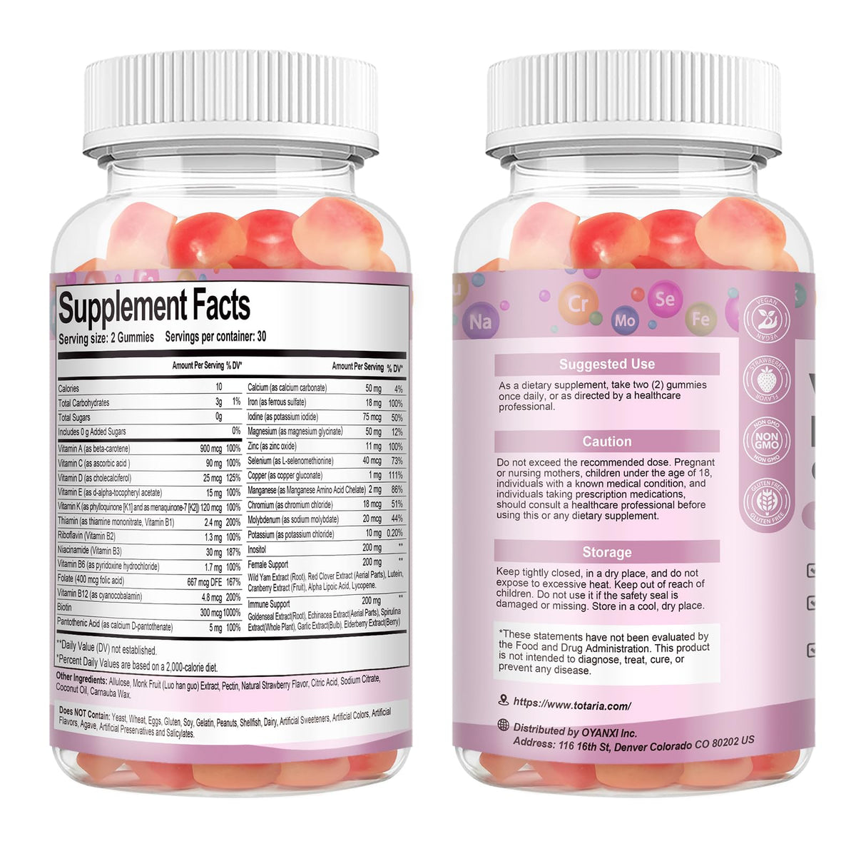 Totaria Sugar Free Multivitamin Gummies for Women 14+ w/Iron, Inositol, Folate, Biotin, Womens Daily Multivitamin Gummy w/Vitamin A, C, B, D3, K2 TotariaBuy Supplements Australia