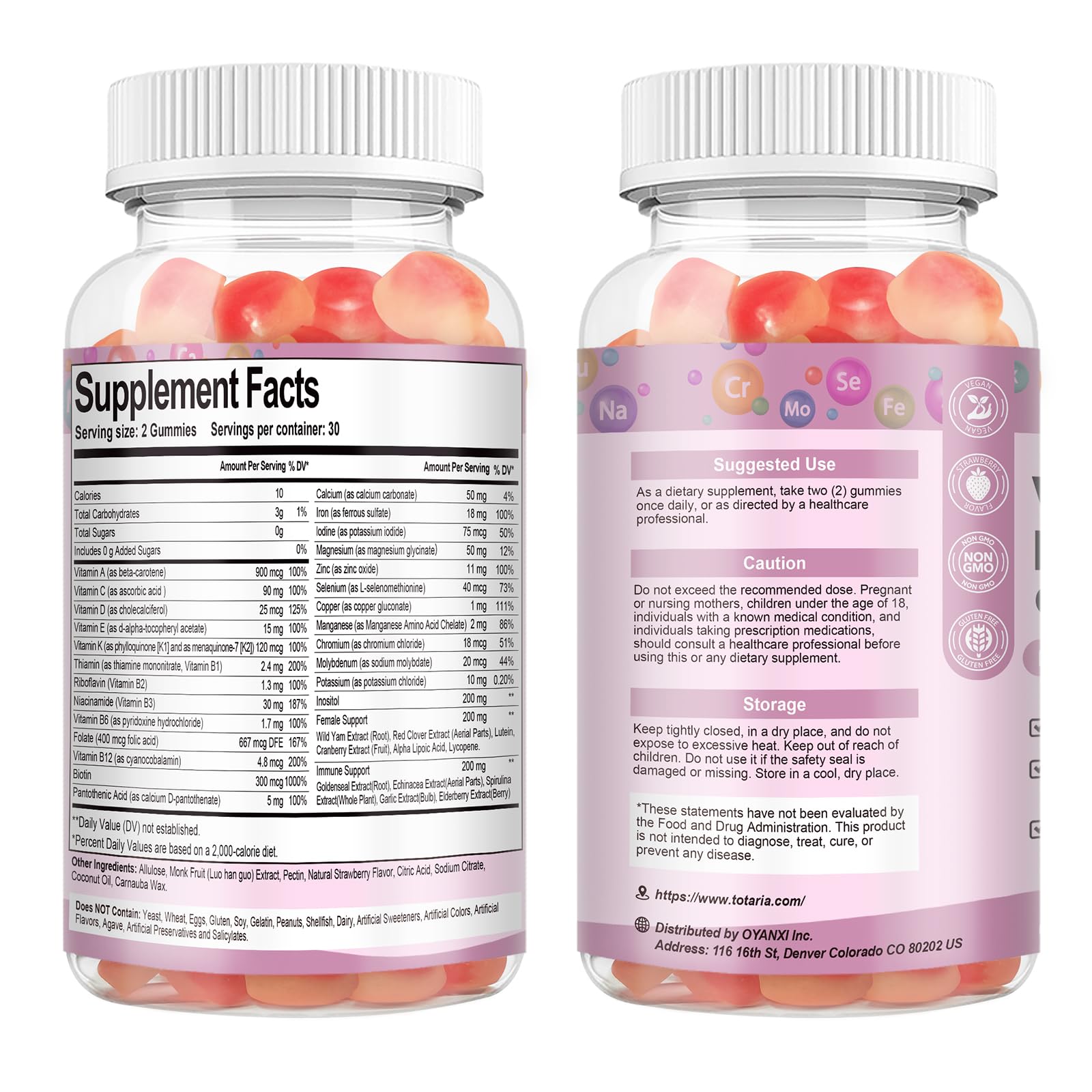 Totaria Sugar Free Multivitamin Gummies for Women 14+ w/Iron, Inositol, Folate, Biotin, Womens Daily Multivitamin Gummy w/Vitamin A, C, B, D3, K2 TotariaBuy Supplements Australia