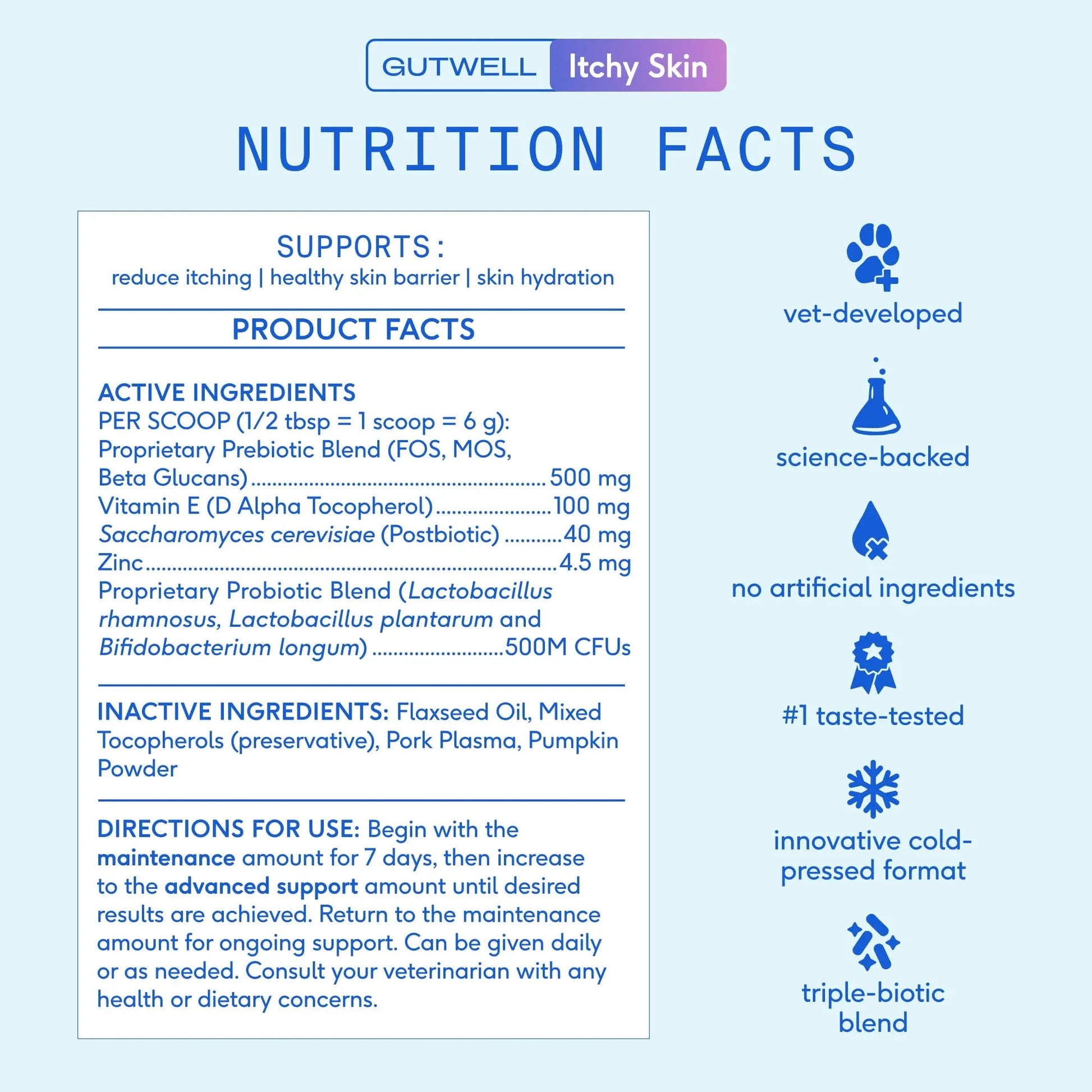 GutWell Itchy Skin - Dog Itching Skin Relief & Seasonal Allergy Itch Relief for Dogs - Promotes Skin Hydration, Elasticity & Healthy Barrier with Triple-biotic Blend, Zinc, & Vitamin E - 60 Scoops Native PetBuy Supplements Australia