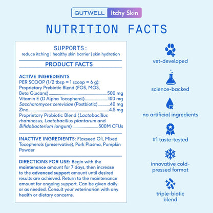 GutWell Itchy Skin - Dog Itching Skin Relief & Seasonal Allergy Itch Relief for Dogs - Promotes Skin Hydration, Elasticity & Healthy Barrier with Triple-biotic Blend, Zinc, & Vitamin E - 60 Scoops Native PetBuy Supplements Australia