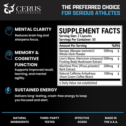 Cerus Performance Focus Nootropic Supplement - Enhances Mental Clarity, Boosts Memory & Cognitive Function, Improves Alertness - Ideal for Athletes & Fitness Enthusiasts - 60 Capsules CerusBuy Supplements Australia