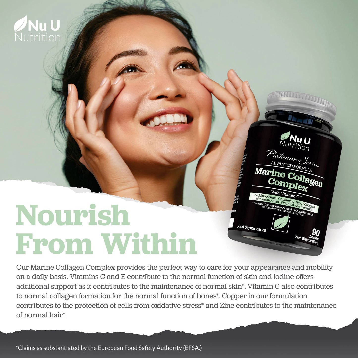 Marine Collagen with Hyaluronic Acid, Vitamin C - 90 Hydrolysed Capsules (not Tablets) - Premium High Strength Collagen Nu U NutritionBuy Supplements Australia