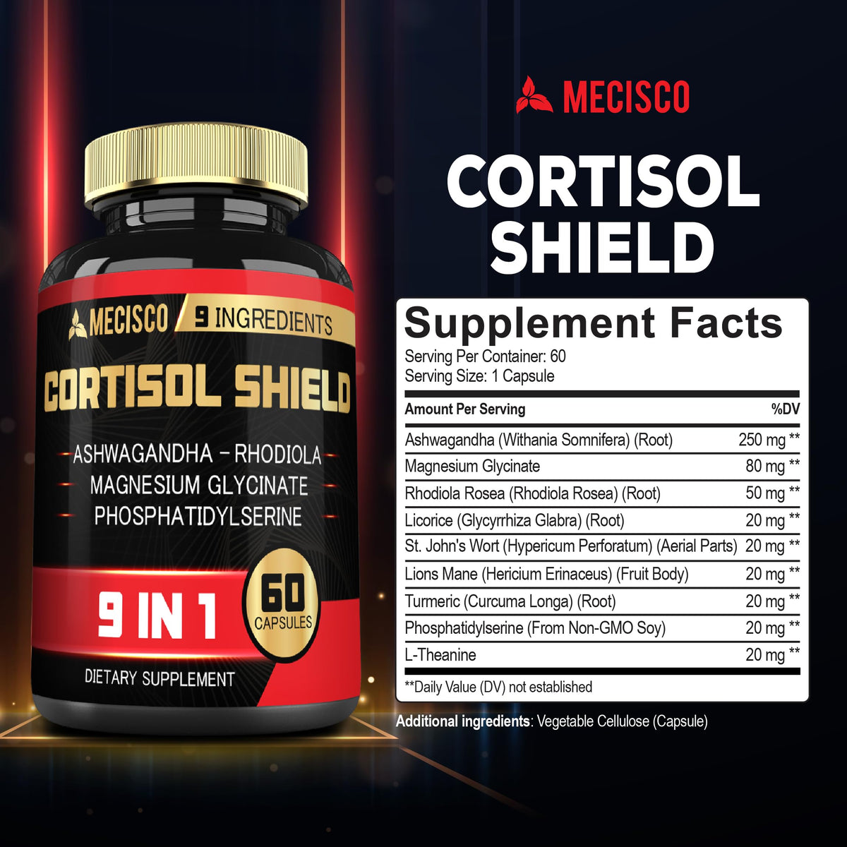 9in1 Cortisol Shield - Ashwagandha & Magnesium Glycinate, Rhodiola, Phosphatidylserine, L-Theanine, Licorice Root, St. John's Wort, Lions Mane - Mind & Mood, Restful Night Support - 60 Capsules MeciscoBuy Supplements Australia