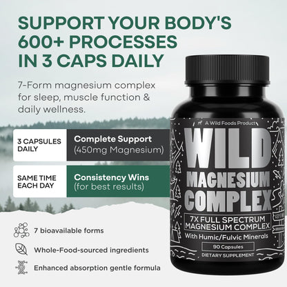 Wild Foods Magnesium Complex Supplement with 7X Forms, 90 Capsules | High Absorption, Full Spectrum, Easy Digestion | 500mg Glycinate, Bisglycinate, Malate, Orotate, Citrate, Taurate Wild Foods buy supplements Au