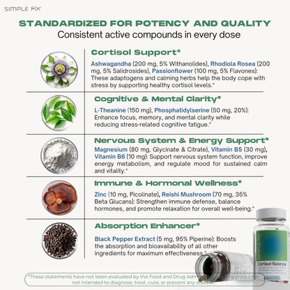 The Simple Fix Cortisol Balance Supplement – Supports Stress, Focus & Daily Energy – with Ashwagandha, Rhodiola Rosea, L-Theanine, Magnesium, Zinc & B6 – Adaptogen Formula – Vegan Capsules The Simple FixBuy Supplements Australia