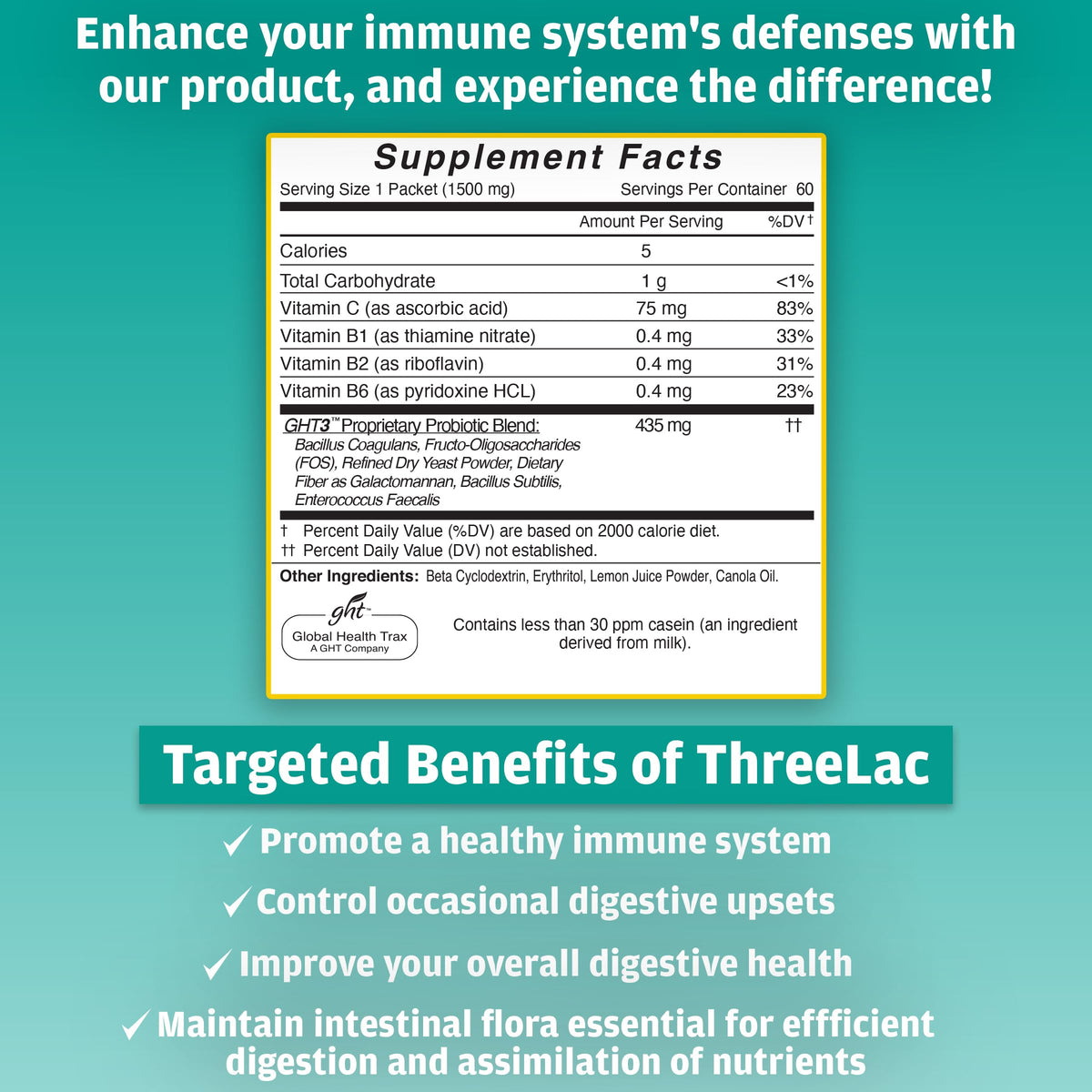 Global Health Trax GHT - ThreeLac Lemon Probiotic Drink Mix for Digestive Health - Advanced Probiotic Powder Formula for Men, Women & Kids - Immune Support & Gut Balance, Non-GMO - 60 Packets ght Global Health TraxBuy Supplements Australia