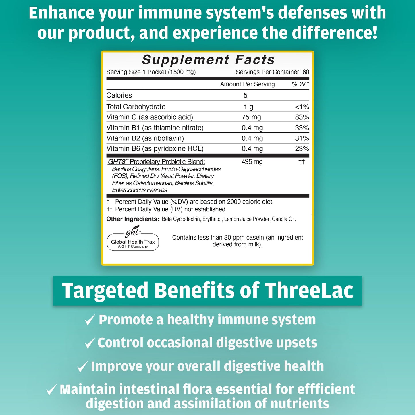 GHT - ThreeLac Lemon Probiotic Drink Mix for Digestive Health - Advanced Probiotic Powder Formula for Men, Women, and Kids - Immune Support & Gut Balance, Non-GMO - 240 Packets ght Global Health TraxBuy Supplements Australia