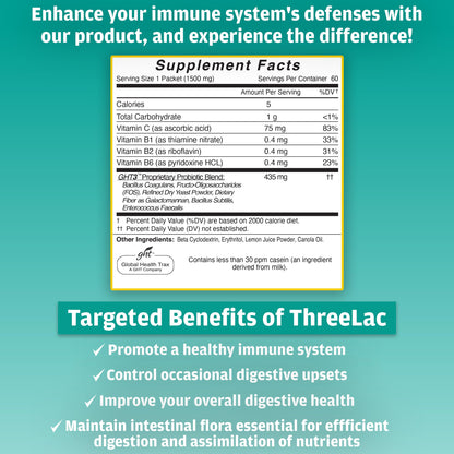 Global Health Trax ThreeLac Lemon Probiotic Drink Mix for Digestive Health - Advanced Probiotic Powder Formula for Men, Women, and Kids - Immune Support & Gut Balance, Non-GMO - 180 Packets ght Global Health TraxBuy Supplements Australia