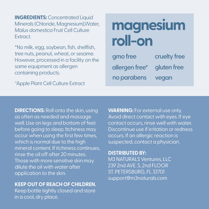 Magnesium Roll On for Adults & Kids, Easy Application for Sore Muscles, Feet, Joints and Leg Cramps, Helps with Sleeping and Post-Workout Recovery, for Sensitive Skin, 3 fl oz, by M3 M3 NaturalsBuy Supplements Australia