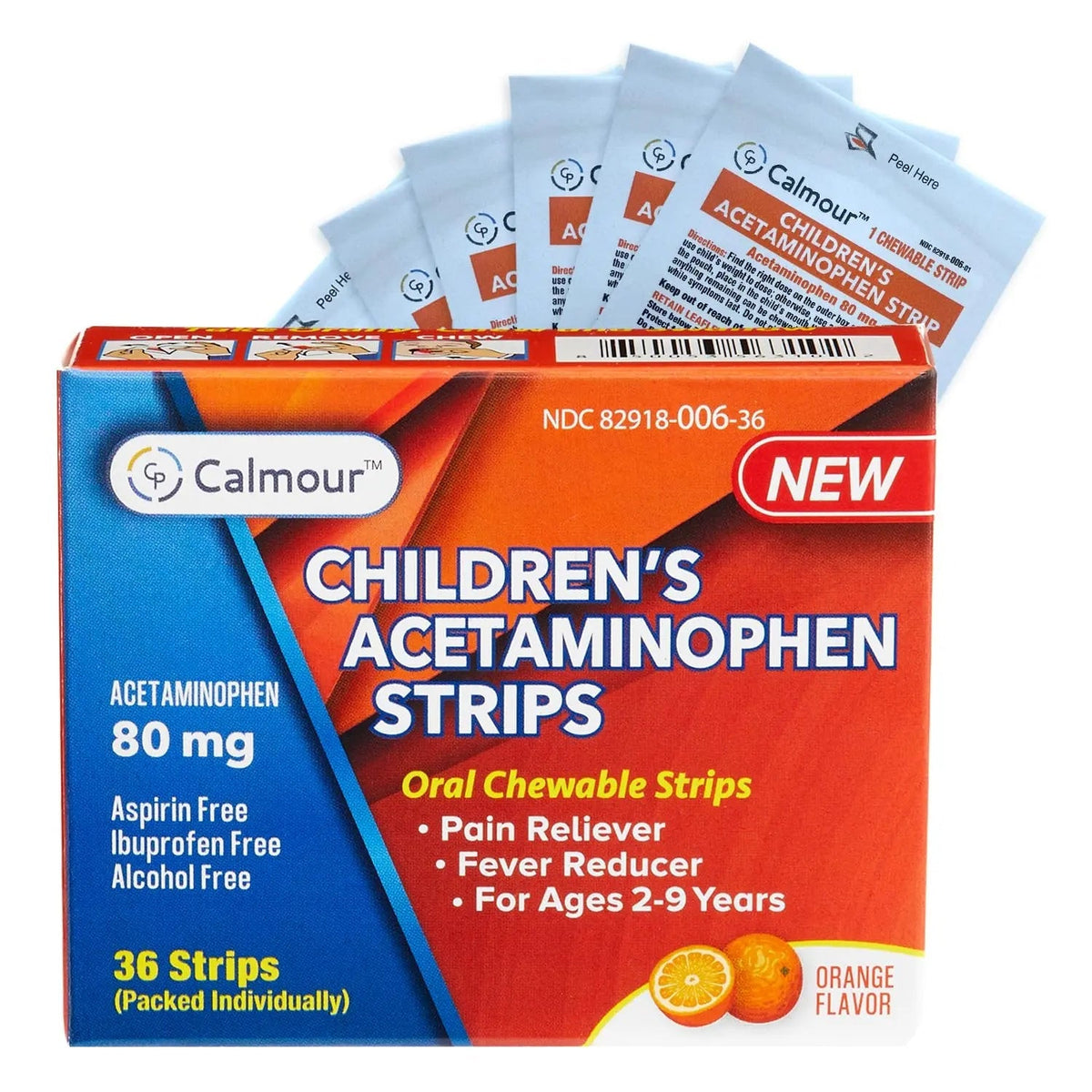 CALMOUR Children's Acetaminophen 36 Strips | Pain Reliever & Fever Reducer | Fast-Acting Support for Cold & Flu Symptoms | Oral Chewable Strips for Kids Ages 2-9 | Travel Size, Orange Flavor CALMOURBuy Supplements Australia