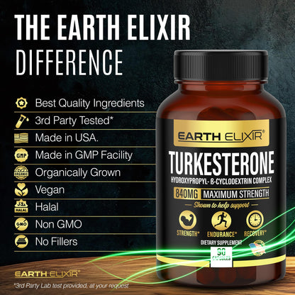 Turkesterone 840 mg – Natural Testosterone Support - 100% Pure Turkesterone Supplement for Men & Women - Ajuga Turkestanica Extract - Made in USA & 3rd Party Tested for Strength, Energy & Vitality Earth ElixirBuy Supplements Australia