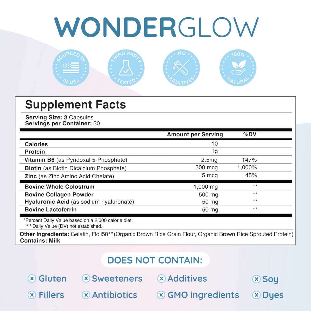 WONDERCOW Hair Skin and Nails Vitamins w/Bovine Colostrum, Collagen, Hyaluronic Acid, Biotin, Zinc, & Lactoferrin┃Supports Faster Hair Growth, Stronger Nails and Glowing Skin (30 Servings, Capsule) WONDERCOW buy supplements Au