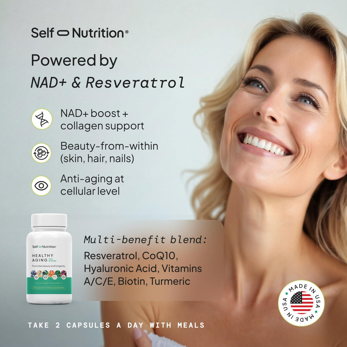 SELF NUTRITION NAD+ Resveratrol Supplement for Women – Healthy Aging Formula with CoQ10, Biotin, Turmeric & Vitamins A, C, E – Supports Energy, Skin & Longevity – 60 Capsules. Made in USA. SELF NUTRITION buy supplements Au