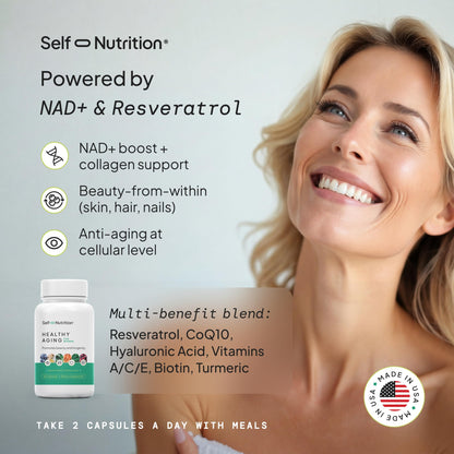 SELF NUTRITION NAD+ Resveratrol Supplement for Women – Healthy Aging Formula with CoQ10, Biotin, Turmeric & Vitamins A, C, E – Supports Energy, Skin & Longevity – 60 Capsules. Made in USA. SELF NUTRITION buy supplements Au