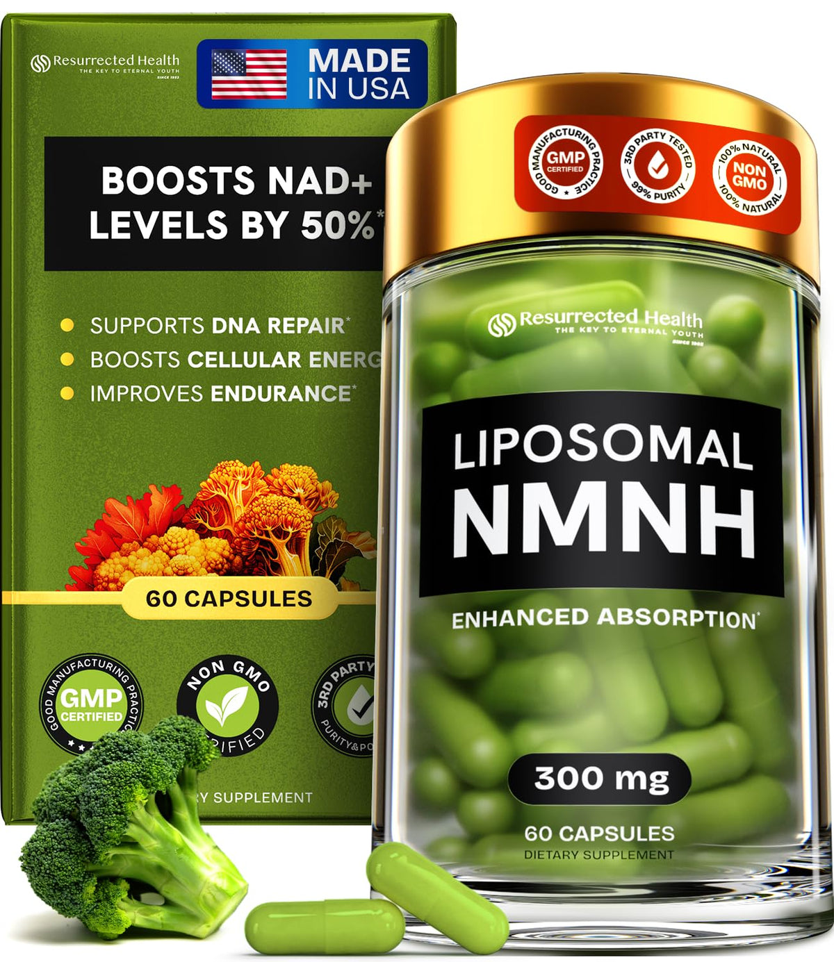 Supplement bottle labeled 'Liposomal NMN' with packaging and broccoli on a white background