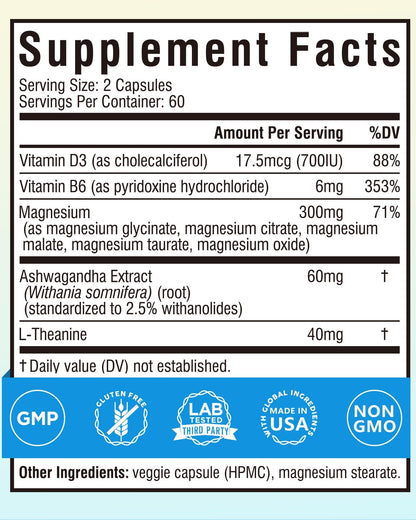Terranics Magnesium Complex Supplement with Glycinate, Citrate, Taurate & Malate | Supports Nerve & Mood Health | Includes Ashwagandha, L-Theanine, Vitamin D3 & B6 | 120 Capsules | Non-GMO TerranicsBuy Supplements Australia