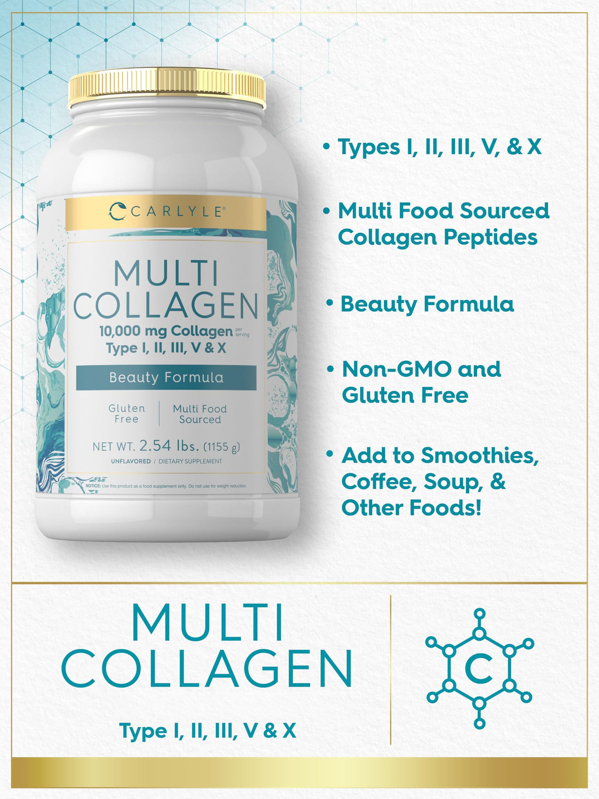 Carlyle Multi Collagen Peptides Powder 40 oz | Type I, II, III, V, X | Supplement Blend with Protein | Multi Food Sourced | Non-GMO, Gluten Free Carlyle buy supplements Au