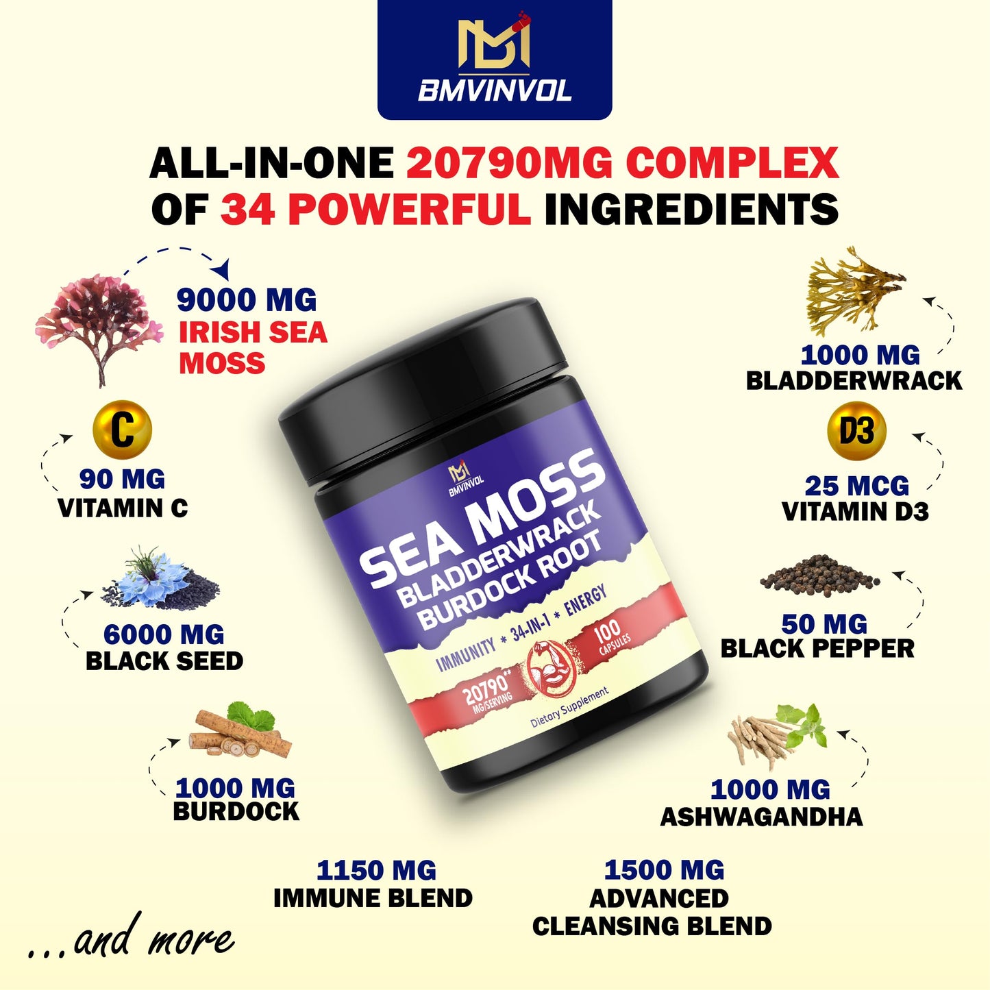 BMVINVOL 100 Capsules - Sea Moss Capsules 20790mg with Bladderwrack, Burdock BMVINVOLBuy Supplements Australia
