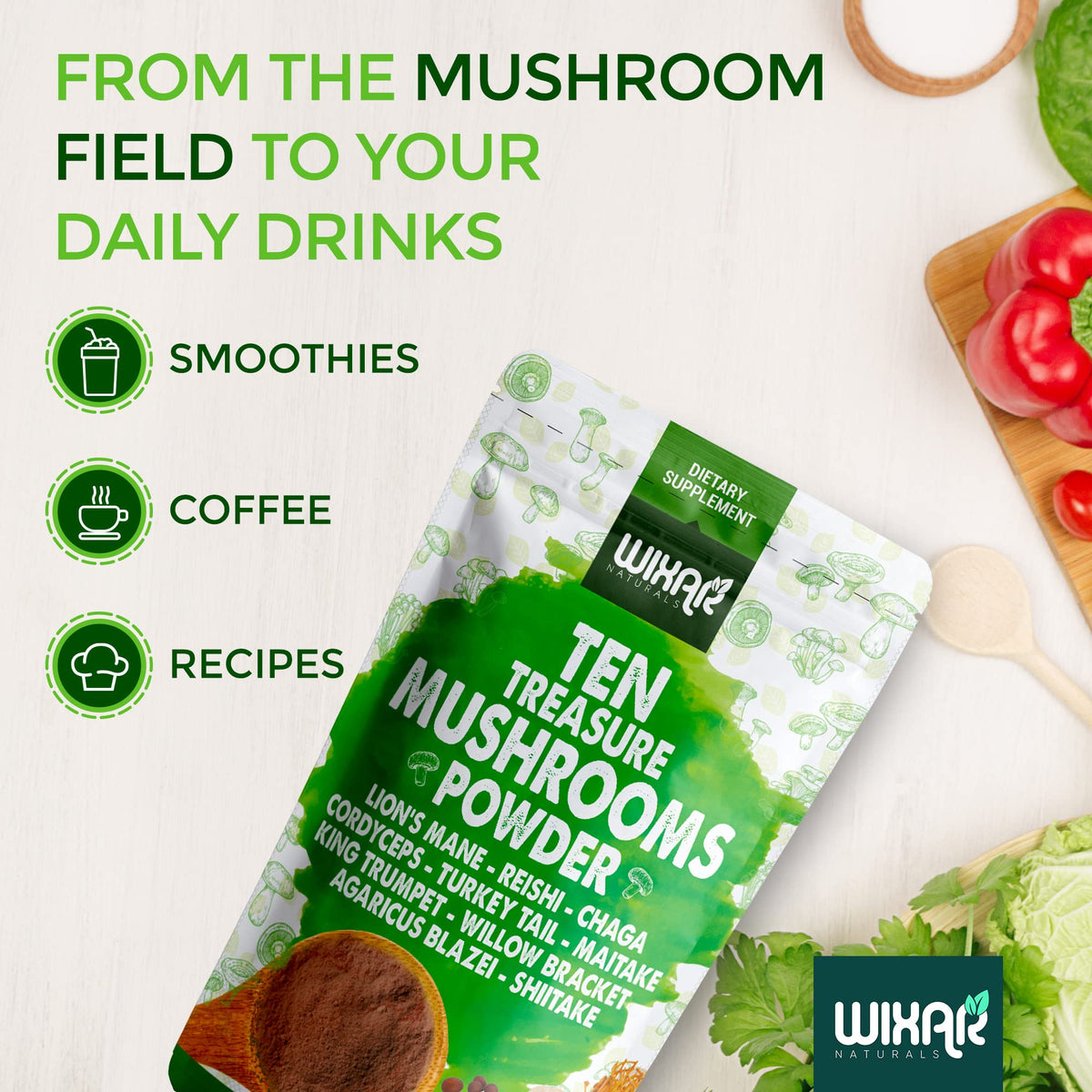 Wixar Mushroom Powder - Ten Treasure Mushrooms Extract Supplement Blend for Coffee WIXAR NATURALSBuy Supplements Australia