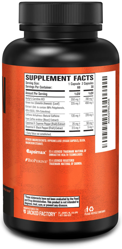 Jacked Factory Burn-XT Clinically Studied Fat Burner & Weight Loss Supplement - Appetite Suppressant & Energy Booster - with Acetyl L-Carnitine