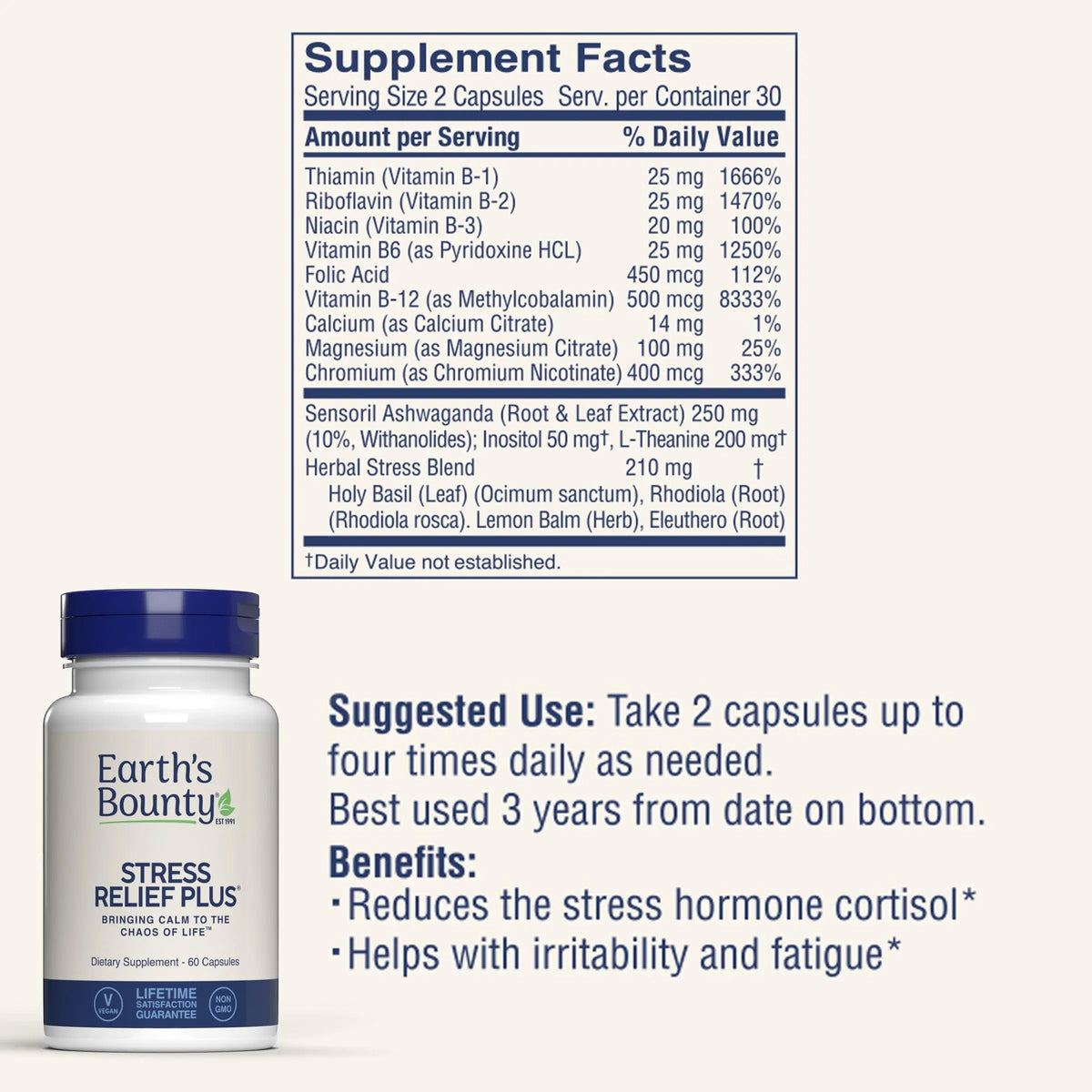 Earth's Bounty - Stress Relief Plus - 60 Vegetarian Capsules - All Natural Formula - Stress Support & Mood Enhancing Supplement Earth's BountyBuy Supplements Australia