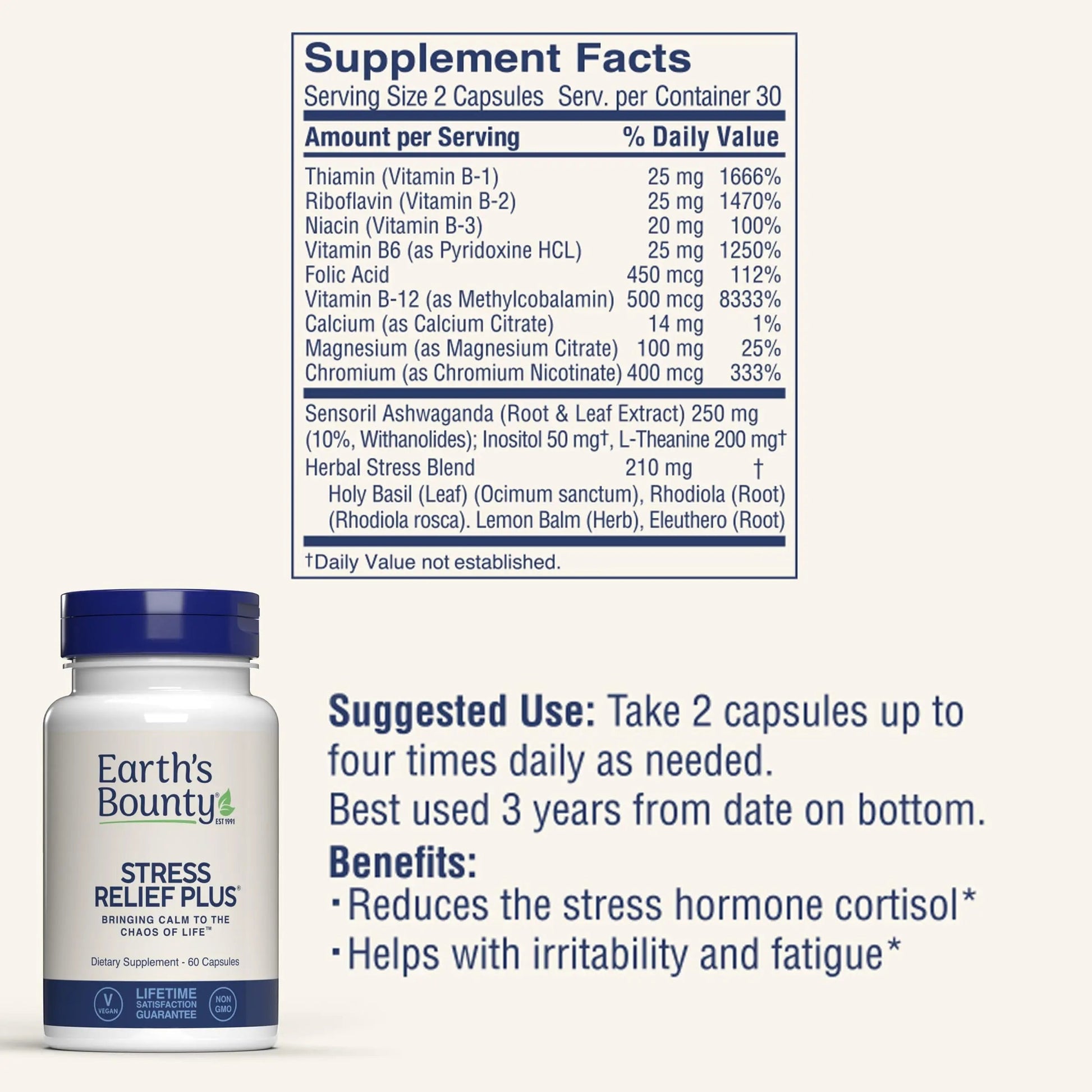 Earth's Bounty - Stress Relief Plus - 60 Vegetarian Capsules - All Natural Formula - Stress Support & Mood Enhancing Supplement Earth's BountyBuy Supplements Australia