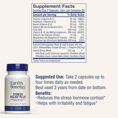Earth's Bounty - Stress Relief Plus - 60 Vegetarian Capsules - All Natural Formula - Stress Support & Mood Enhancing Supplement Earth's BountyBuy Supplements Australia