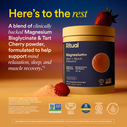 Ritual Magnesium+ Drink Mix Supplement | 2-in-1 Science-Backed Tart Cherry & Gentle on Stomach Magnesium Bisglycinate | Formulated for Mind & Muscle Relaxation | Supports Sleep & Calm | 30 Servings RitualBuy Supplements Australia