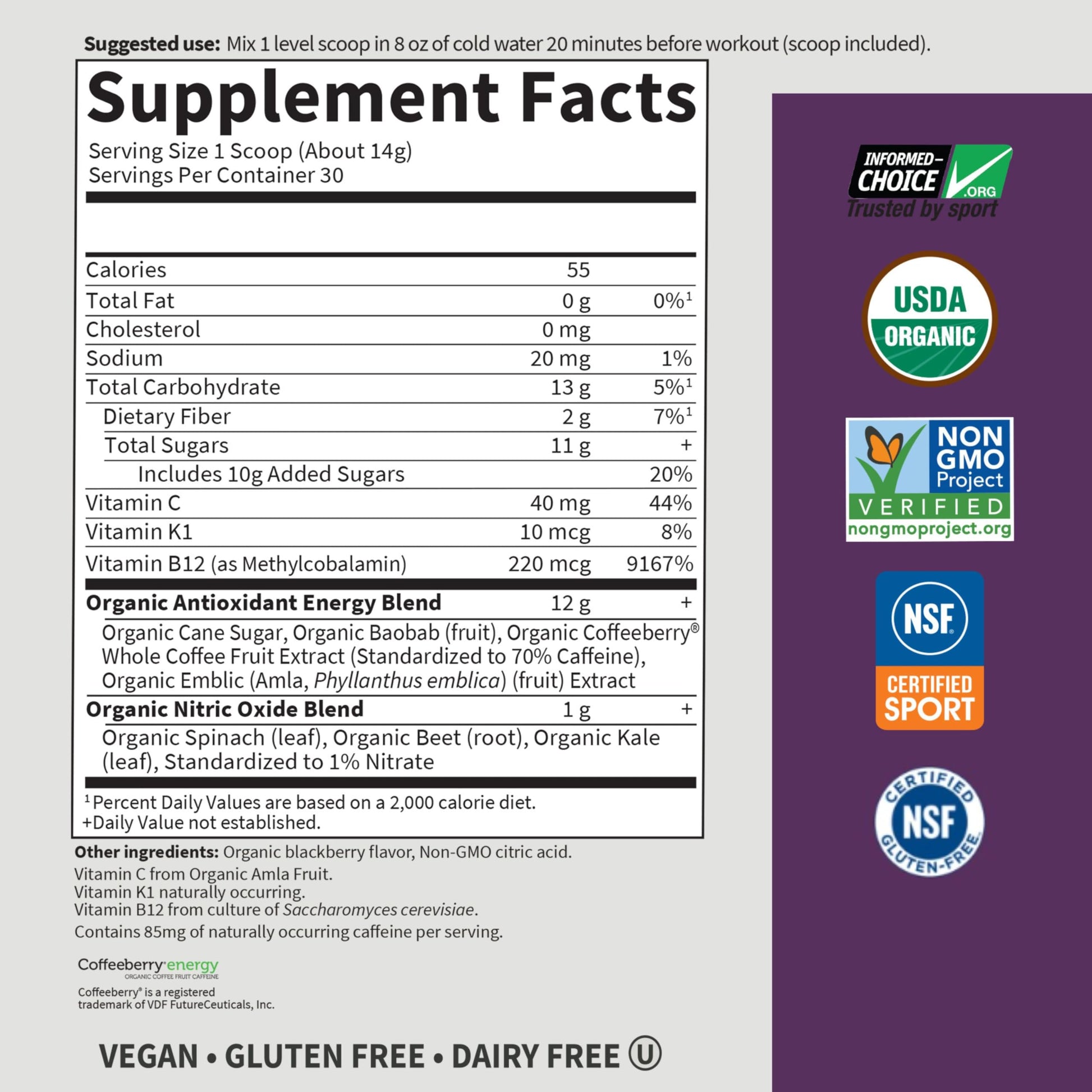 Garden of Life Sport Organic Plant Based Energy + Focus Clean Pre Workout Powder, with 85mg Caffeine, Natural No Booster, B12, Vegan, Gluten Free, Non-GMO, BlackBerry, 15.3 Oz Garden of LifeBuy Supplements Australia