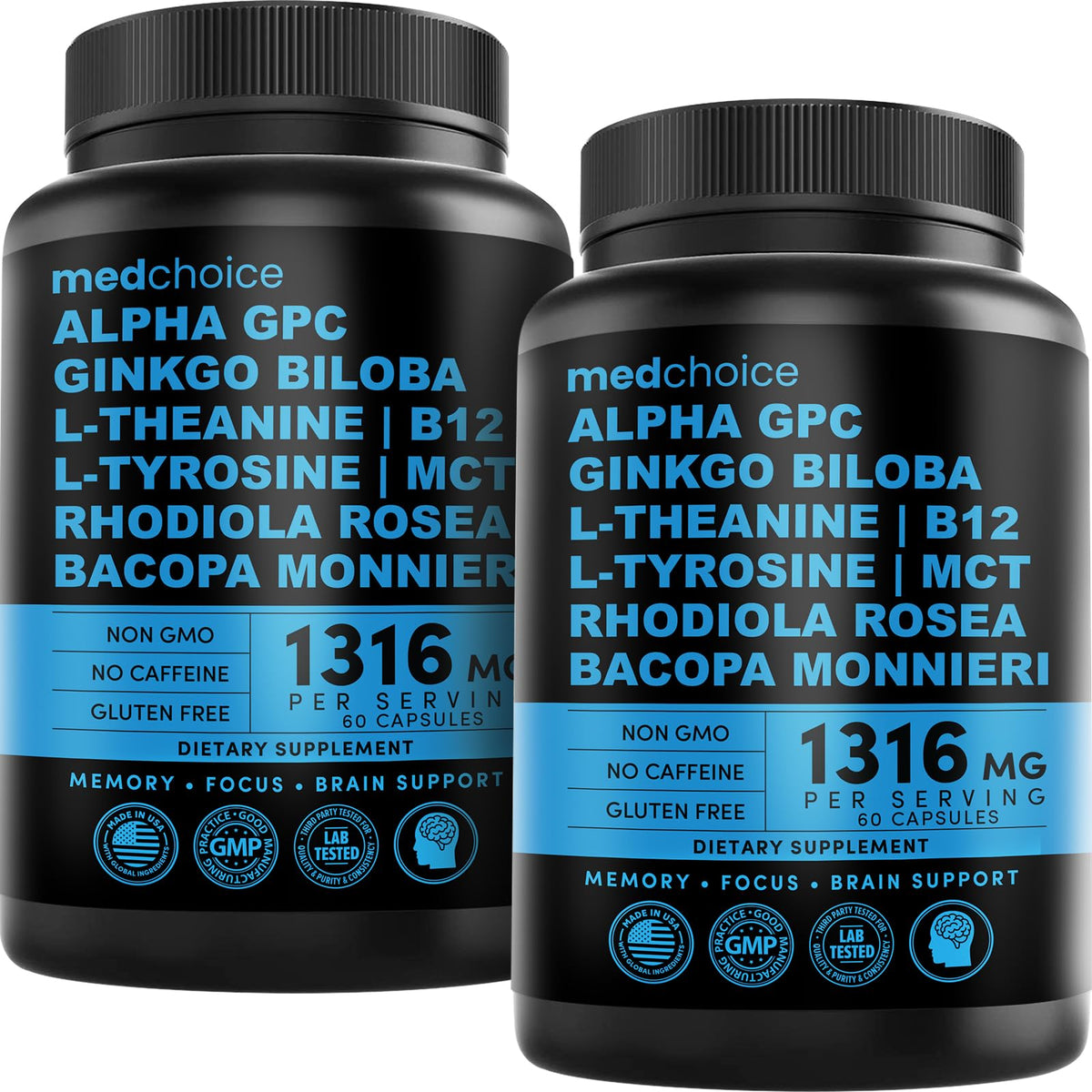 12-in-1 Nootropic Brain Supplement Anhydrous: Ginkgo Biloba for Brain Support, Memory and Focus - B12, Alpha GPC, L Theanine and Choline Supplements with Bioperine non Caffeinated 1321mg (120ct) MEDCHOICEBuy Supplements Australia