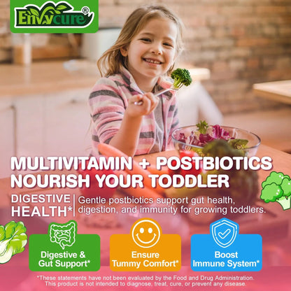 Organic Toddler Multivitamin Gummies + Omega-3 (DHA/EPA), Postbiotics | kids 2+ multivitamin | Vitamins A C D3 Methyl B12 Folate Zinc EnvyCure