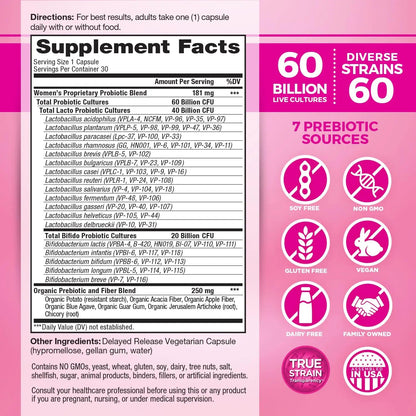 Vital Planet - Vital Flora Women’s Daily Probiotic 60 Billion CFU, 60 Diverse Strains, 7 Organic Prebiotics, Vaginal and Immune Support, Bloating, Digestive Health Probiotics for Women 30 Capsules Vital PlanetBuy Supplements Australia