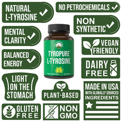 TyroPure L Tyrosine Supplement. More Bioavailable, Cleaner Version of L-Tyrosine. Vegan, Naturally Fermented 500mg Capsules for Mental Clarity, Dopamine. Mood Support for Women and Men Peak PerformanceBuy Supplements Australia
