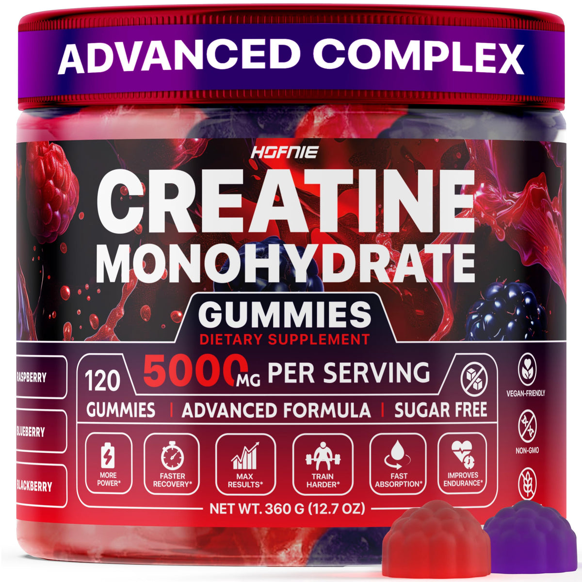 Hofnie Creatine Monohydrate Gummies 5000 mg – Vegan, Sugar-Free Pre Workout Creatine for Men & Women – Raspberry & BlackBerry Flavored Chewable Creatine Monohydrate, 120 Gummies (30-Day Supply) HofnieBuy Supplements Australia