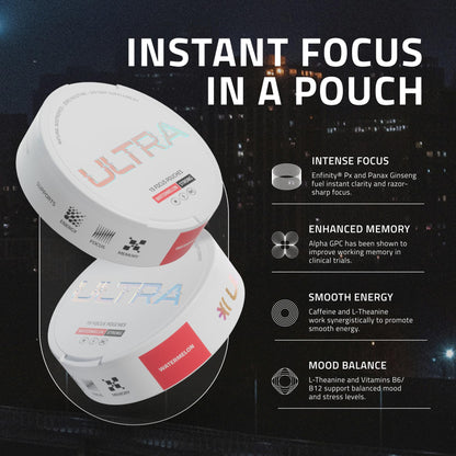 Ultra Focus Nootropic Pouches (Watermelon, 3 Cans) Nicotine-Free, Caffeine-Free, Enfinity Paraxanthine, Vitamin B6 + B12, L-Theanine, Alpha-GPC, Ginseng, Nootropic Energy & Clarity Plant-Based Pouches Ultra PouchesBuy Supplements Australia